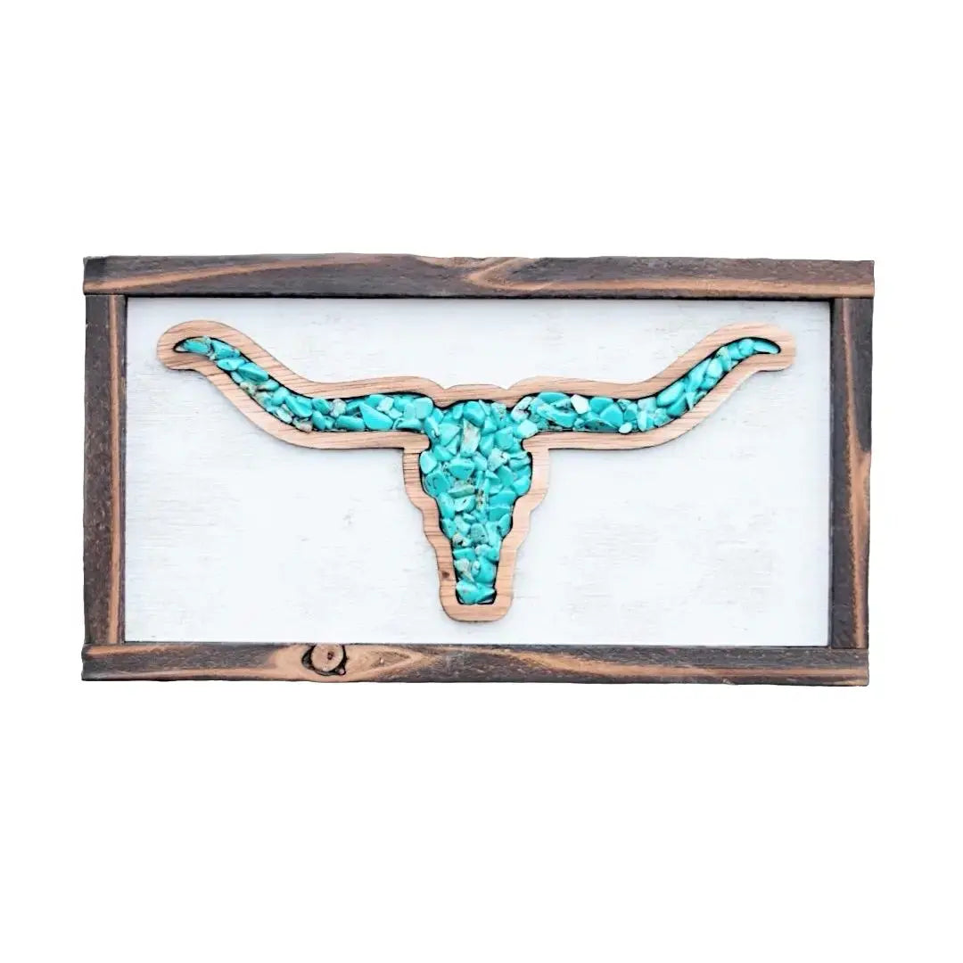 Framed Wooden Longhorn Skull Wall Plaque with Turquoise