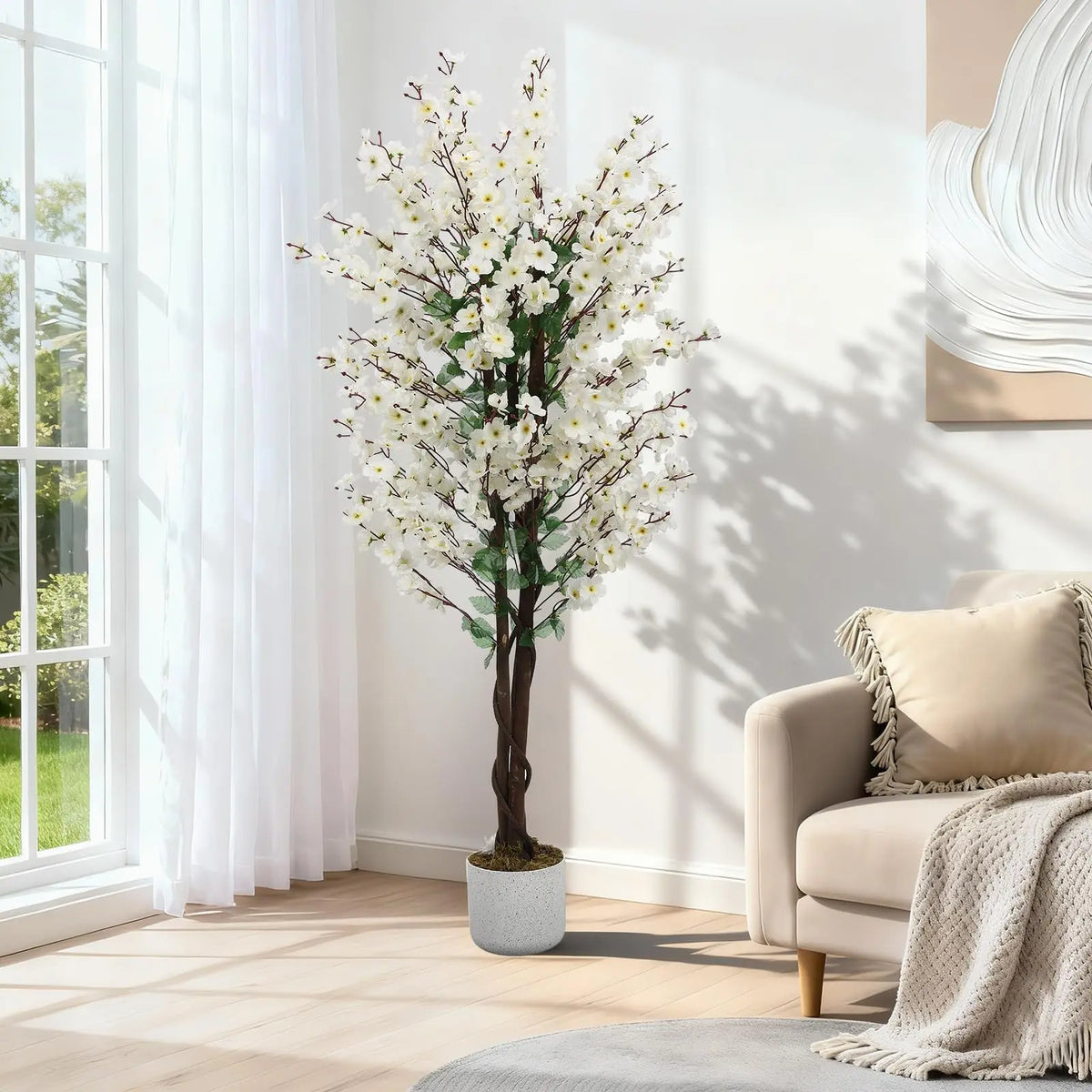 Artificial White Blossom Tree in Round Planter