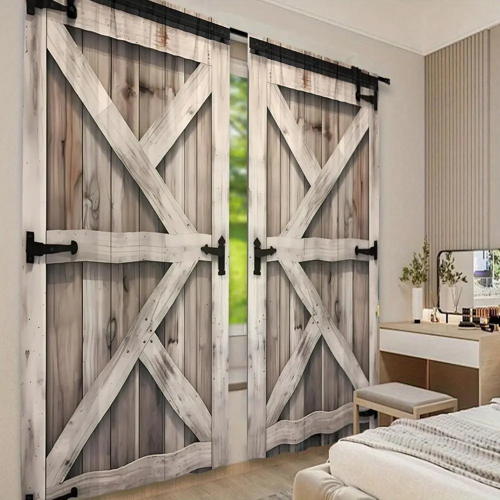 Rustic Barn Door Print Curtain Panel Pair