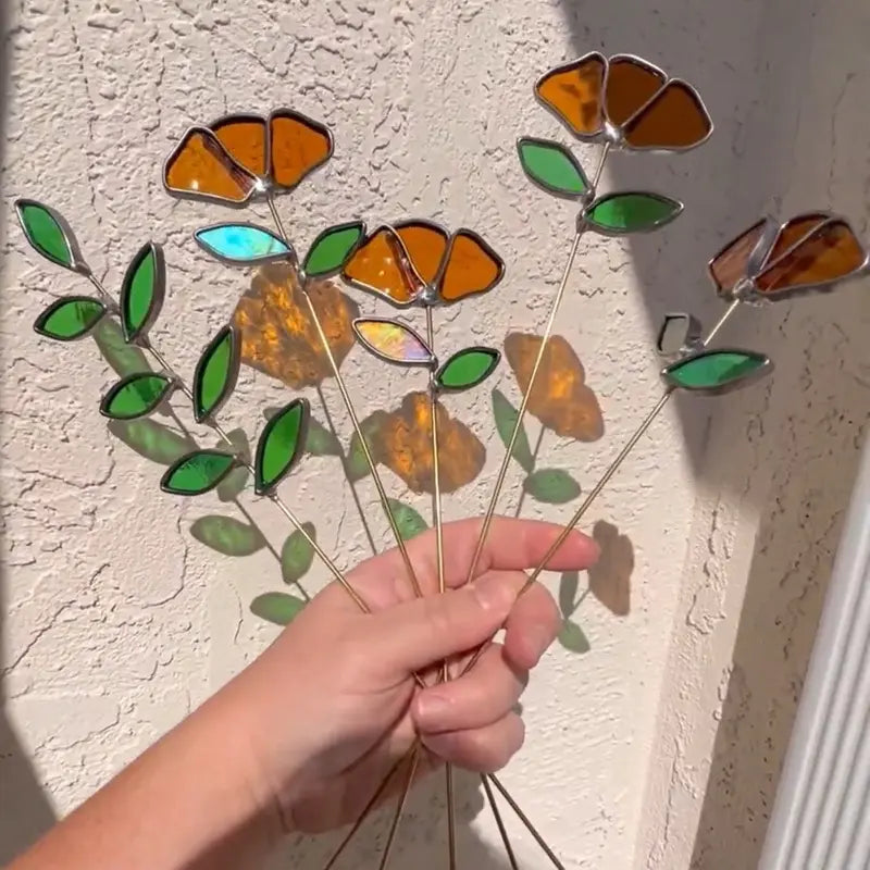 Orange Stained Glass Flower Garden Stake