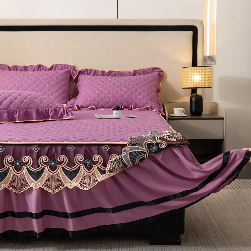 Blue Quilted Bedskirt Set with Lace Trim