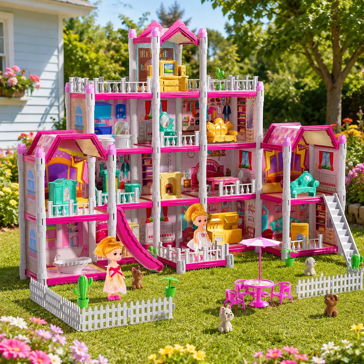 Multi-Storey Pink Dollhouse Playset with Furniture