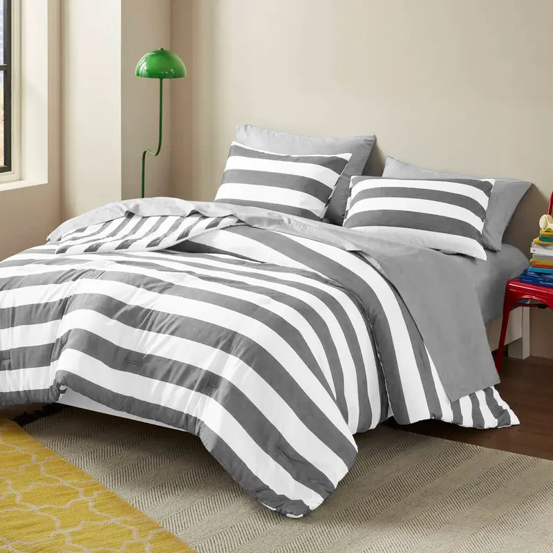 Gray and White Wide Striped Comforter Set