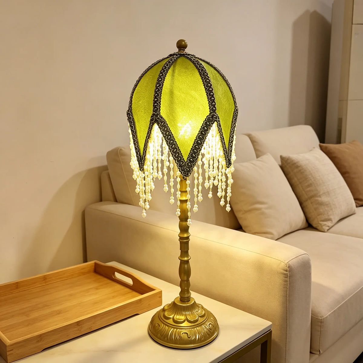 Green Fringed Shade Table Lamp with Brass Base