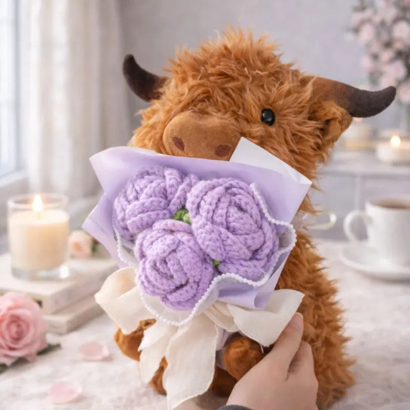 Plush Highland Cow Toy with Red Crochet Roses