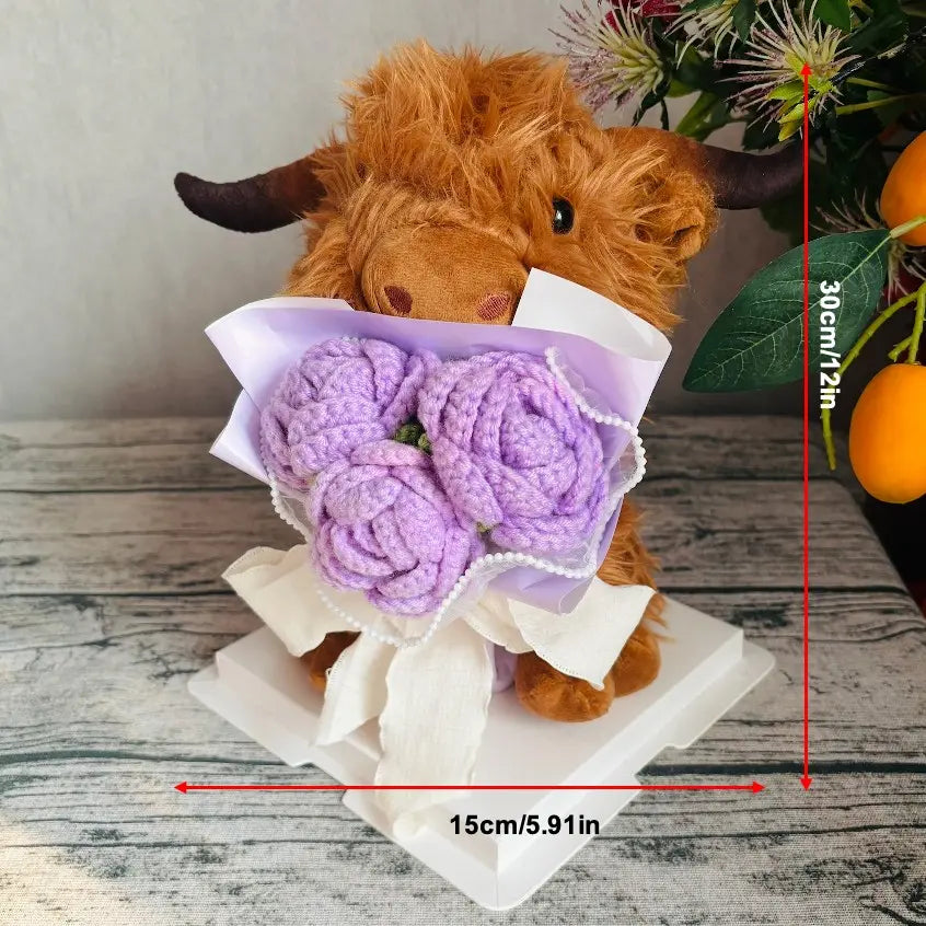 Plush Highland Cow Toy with Red Crochet Roses