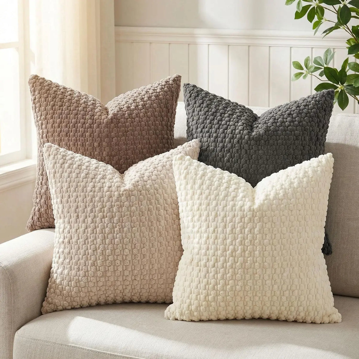 Four Textured Bobble Cushion Covers in Neutral Tones