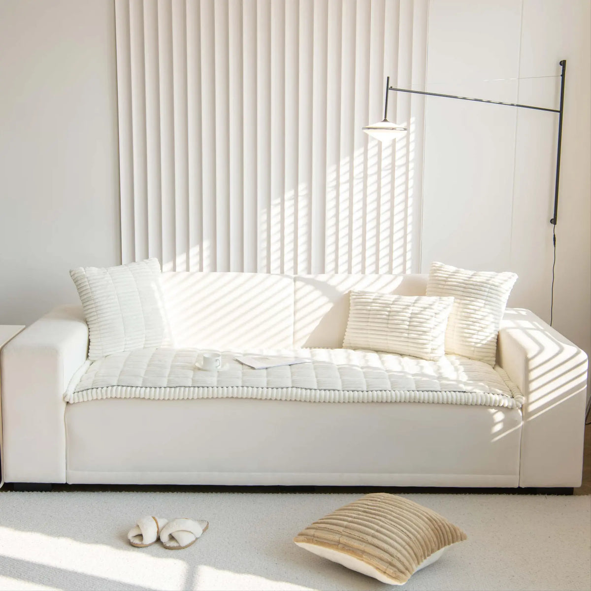 Grey Ribbed Plush Sofa Cover Mat