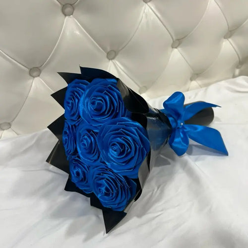 Blue Satin Rose Bouquet with Black Wrapping