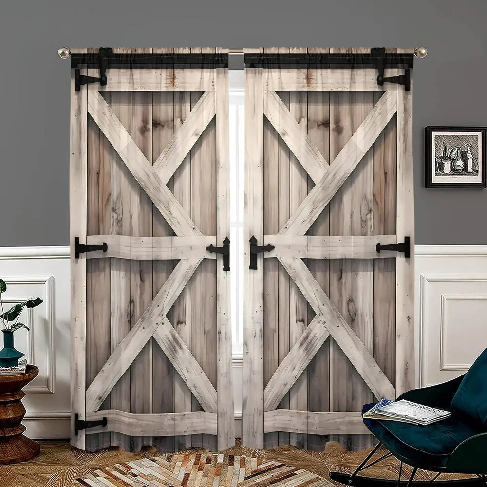 Rustic Barn Door Print Curtain Panel Pair