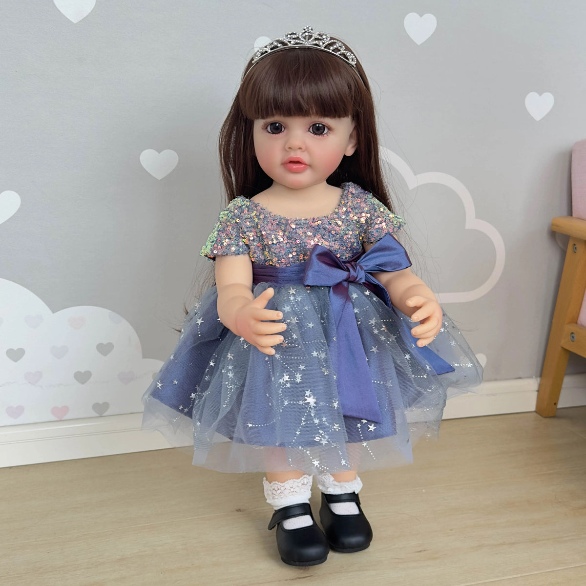 Long-Haired Doll in Blue Sequin Tulle Dress