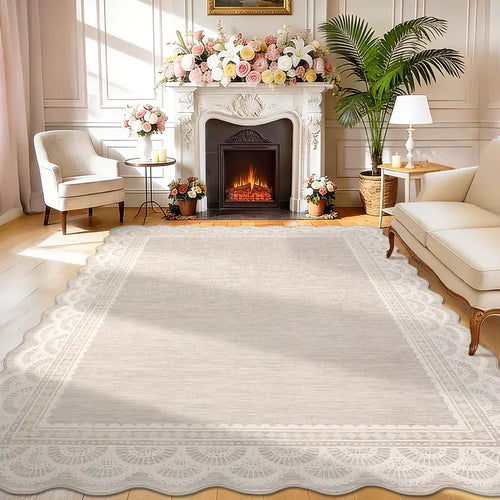 Beige Area Rug with Scalloped Lace Border