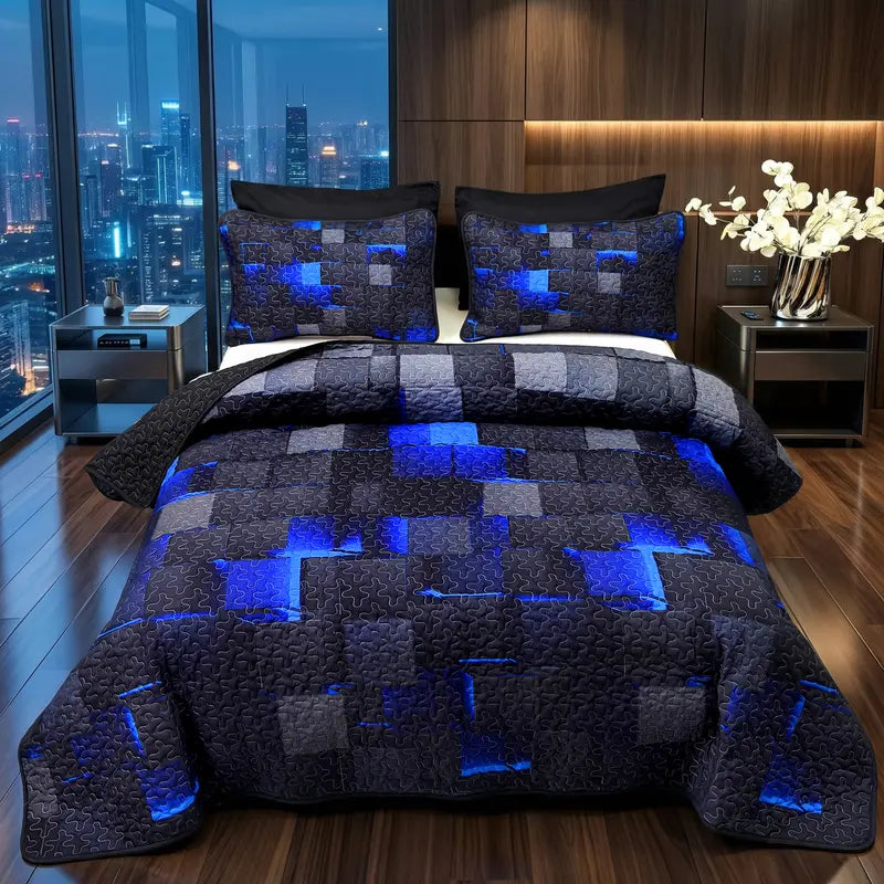 Blue and Black Grid Print Quilted Bedspread Set