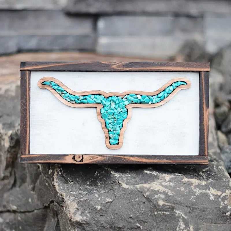 Framed Wooden Longhorn Skull Wall Plaque with Turquoise