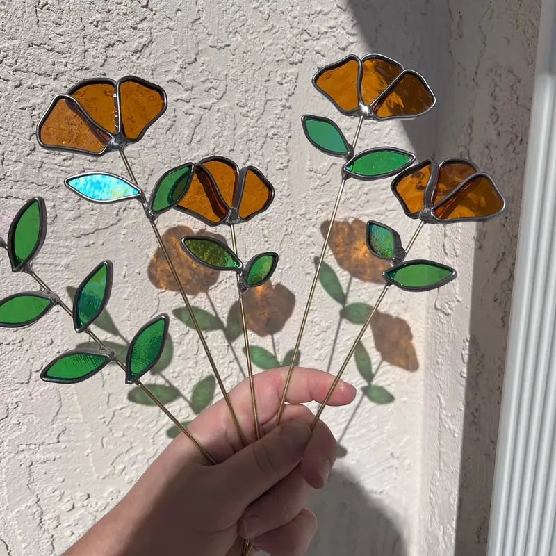 Orange Stained Glass Flower Garden Stake