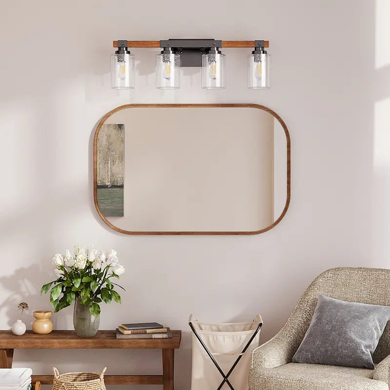 Four-Light Wood and Black Metal Vanity Fixture