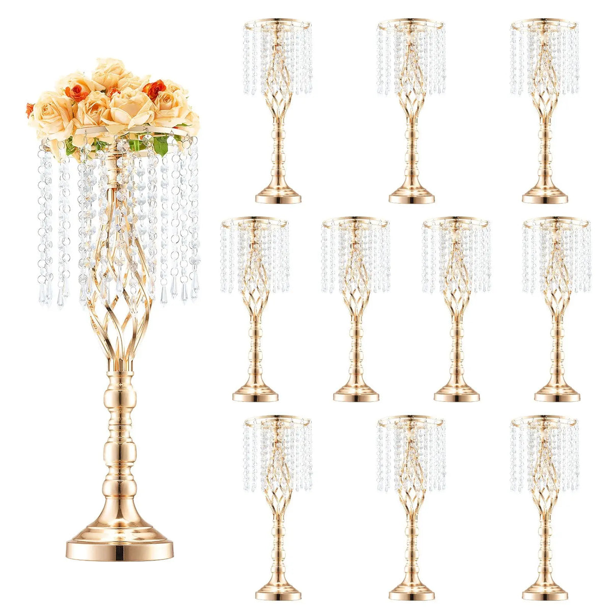 Gold Metal Flower Stands with Hanging Crystal Strands
