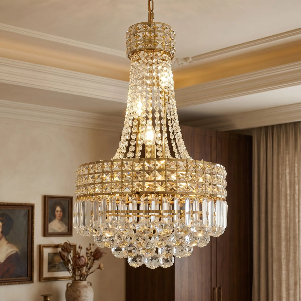 Gold Tiered Crystal Chandelier with Hanging Chain