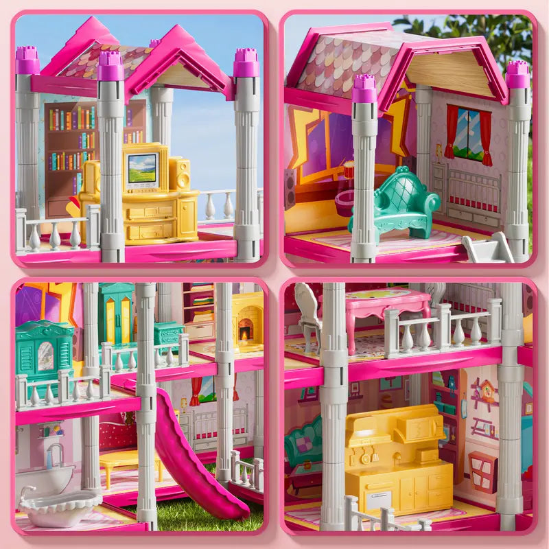 Multi-Storey Pink Dollhouse Playset with Furniture