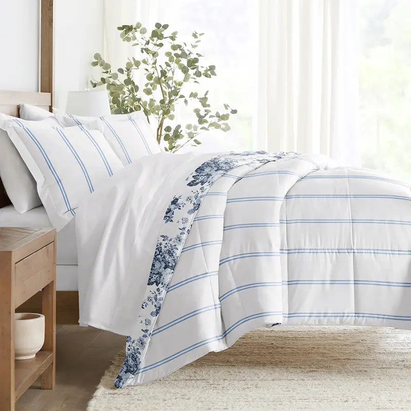 Blue and White Floral Reversible Comforter Set