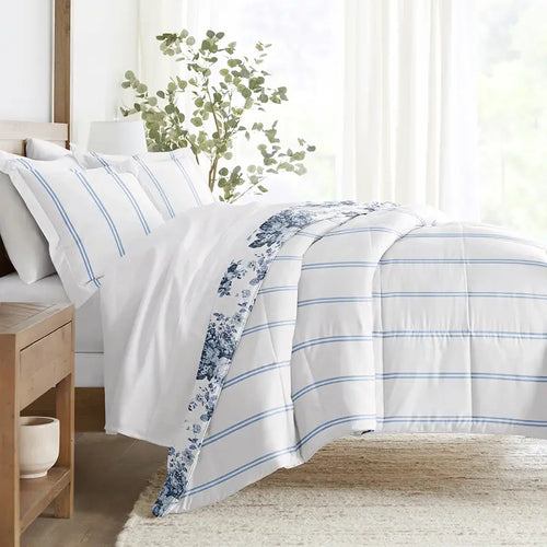 Blue and White Floral Reversible Comforter Set