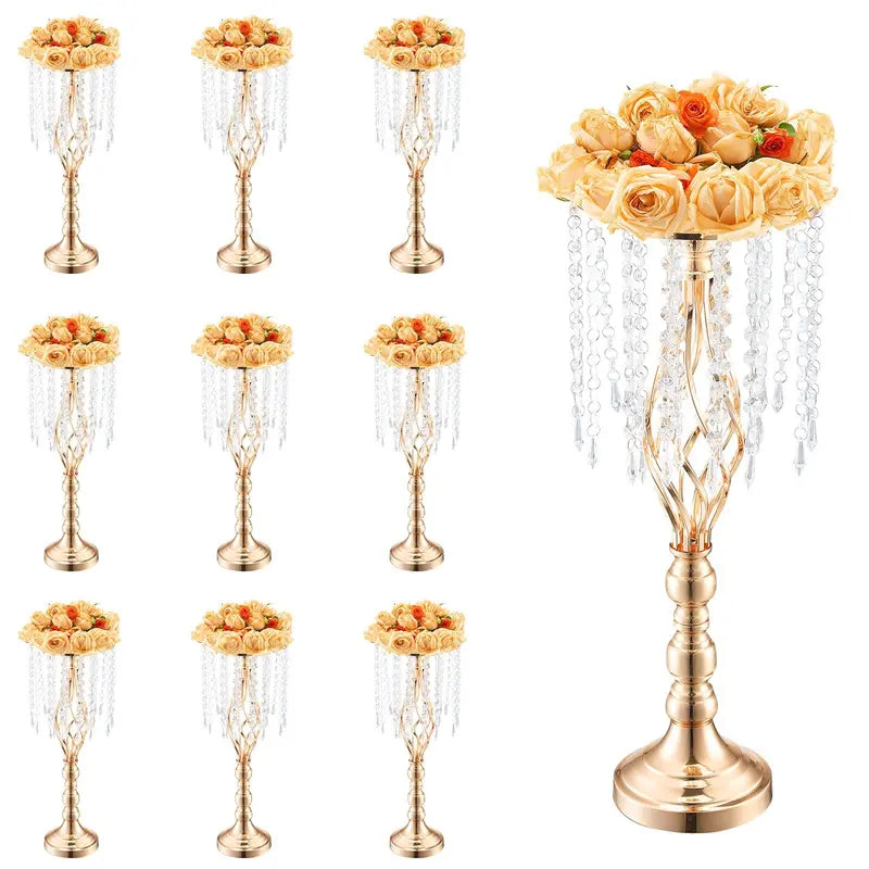 Gold Metal Flower Stands with Hanging Crystal Strands