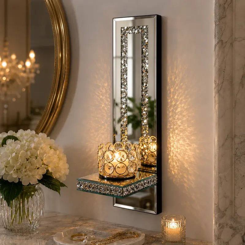 Mirrored Wall Candle Sconces with Crystal Frame