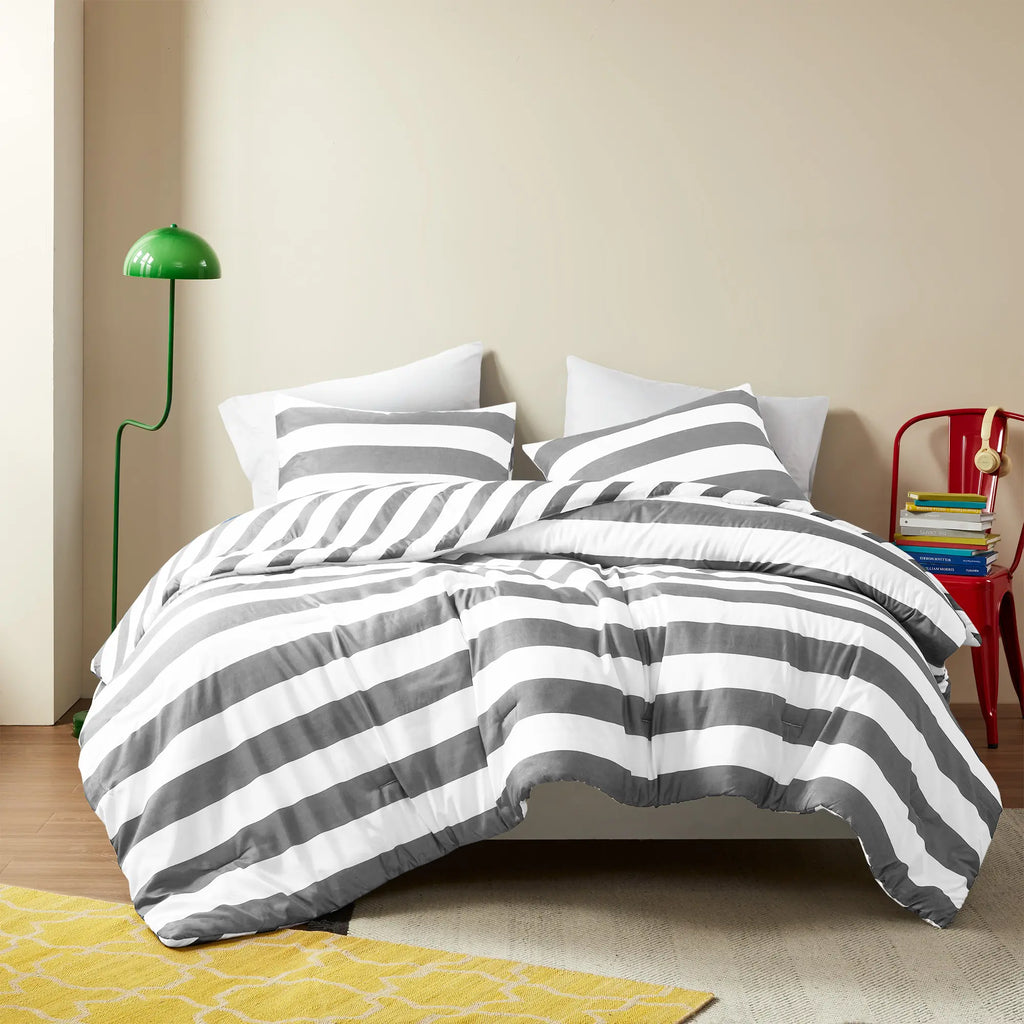 Gray and White Wide Striped Comforter Set