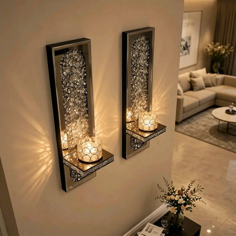 Pair of Crystal Wall Sconces with Candle Shelves