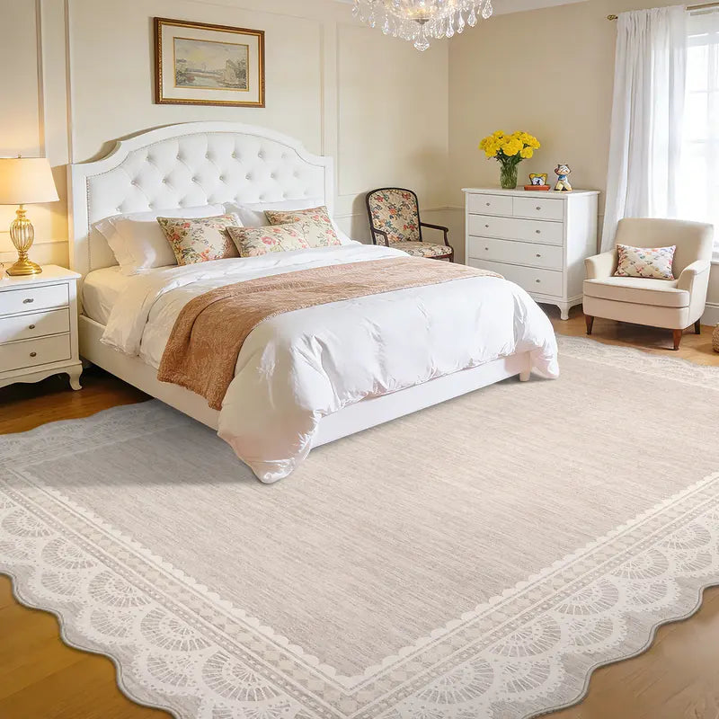 Beige Area Rug with Scalloped Lace Border