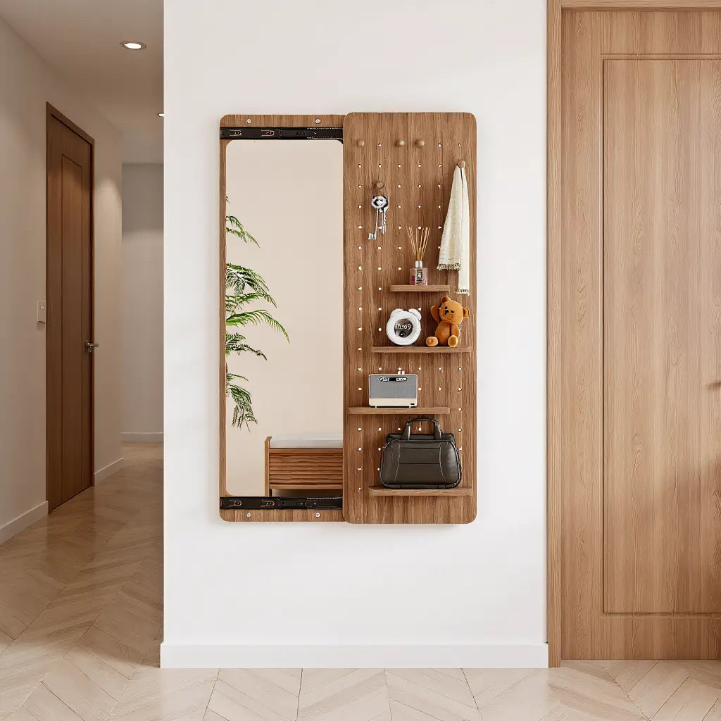Wall-Mounted Wood Mirror with Pegboard Shelves