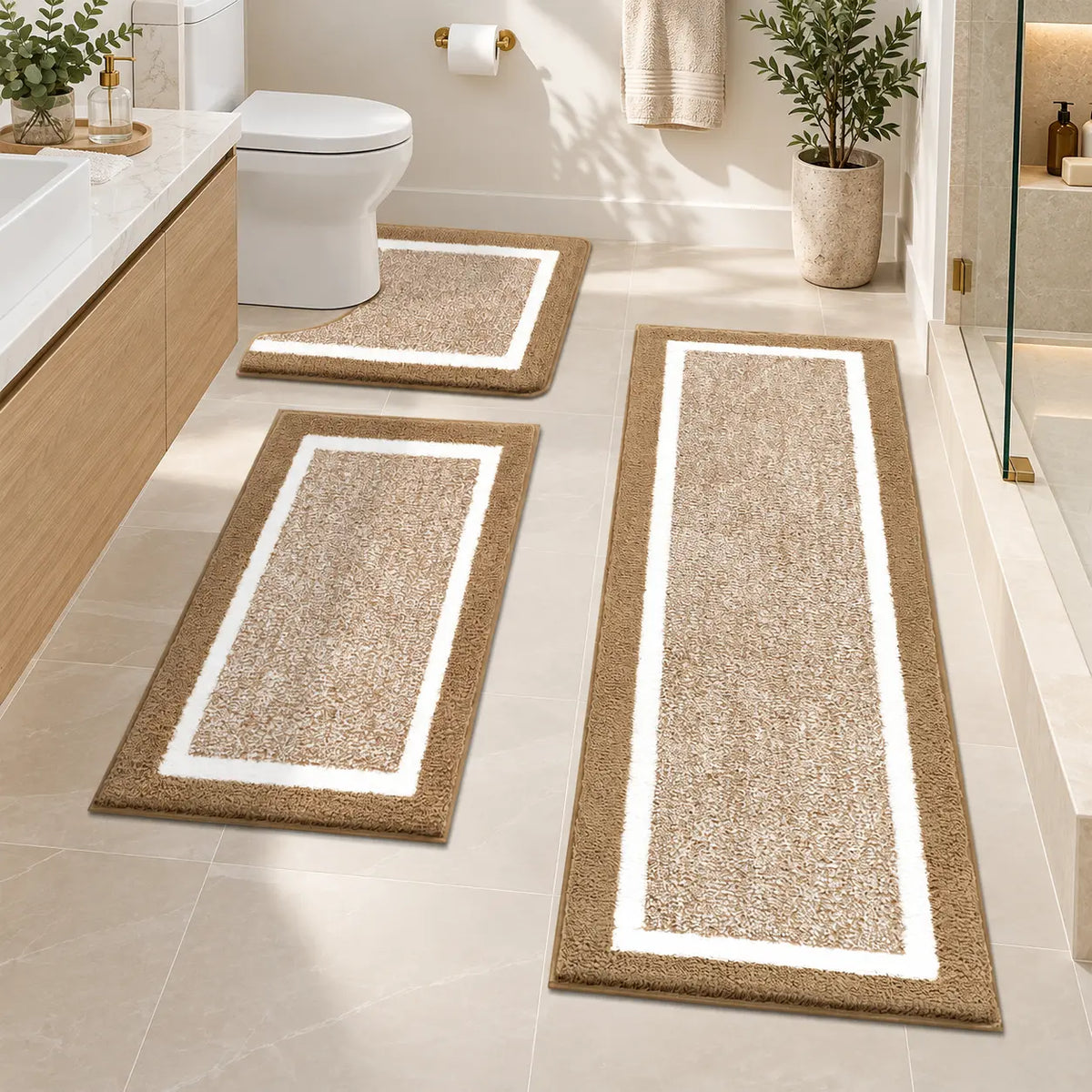 Three-Piece Tan Bordered Plush Bathroom Rug Set
