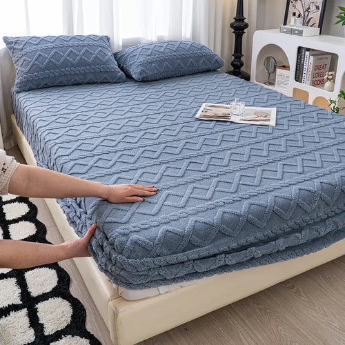 Blue Textured Fitted Bed Sheet with Zigzag Pattern