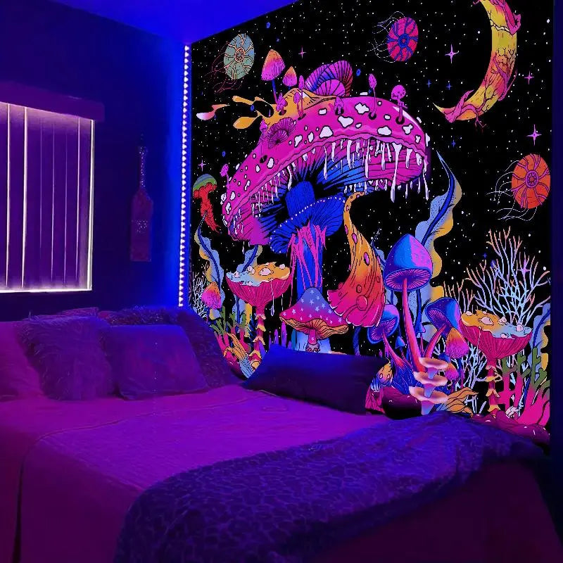 Black Light Mushroom Print Wall Hanging Tapestry