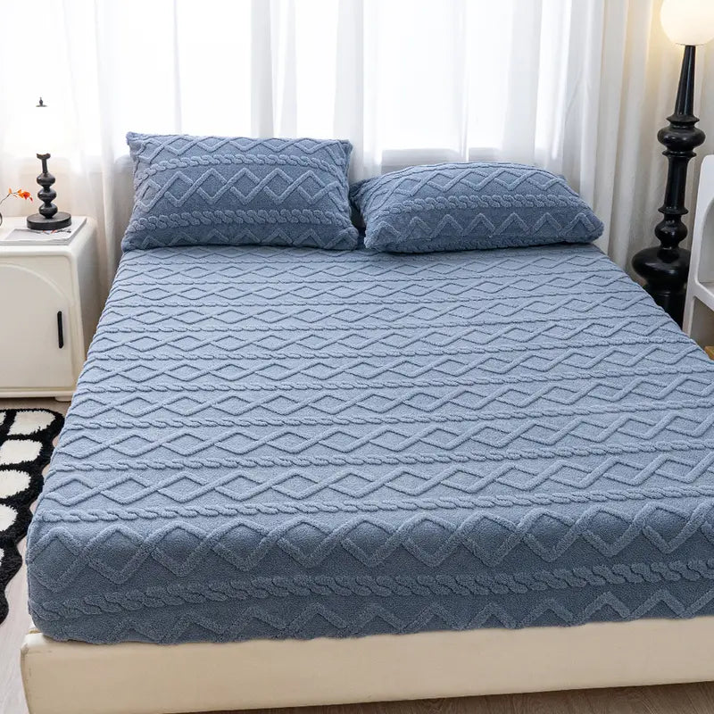 Blue Textured Fitted Bed Sheet with Zigzag Pattern