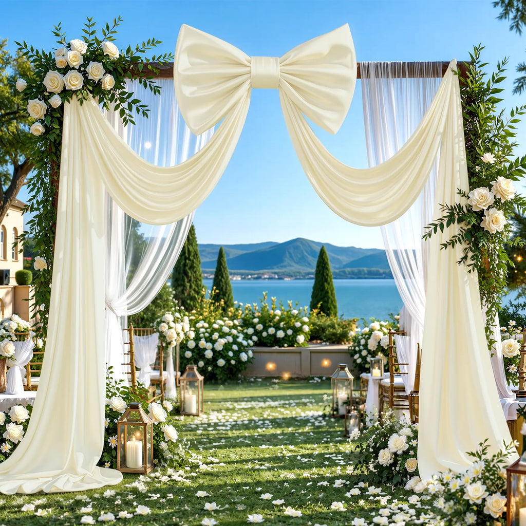 Large Cream Satin Bow Backdrop with Draped Streamers