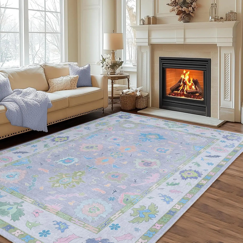 Lavender Floral Area Rug with Pale Border