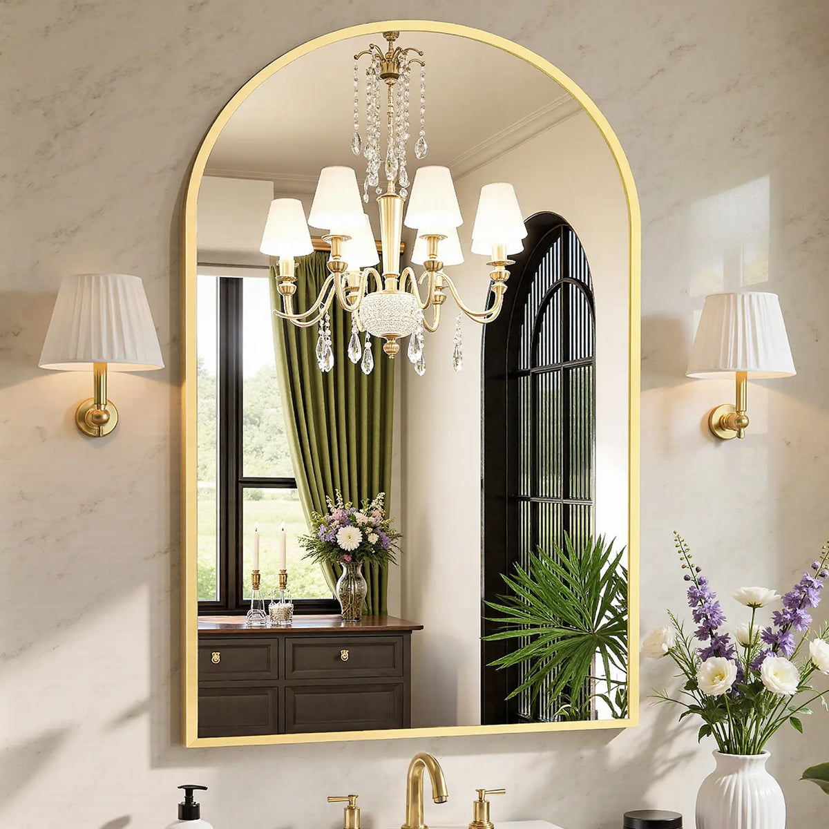 Arched Wall Mirror with Thin Gold Metal Frame