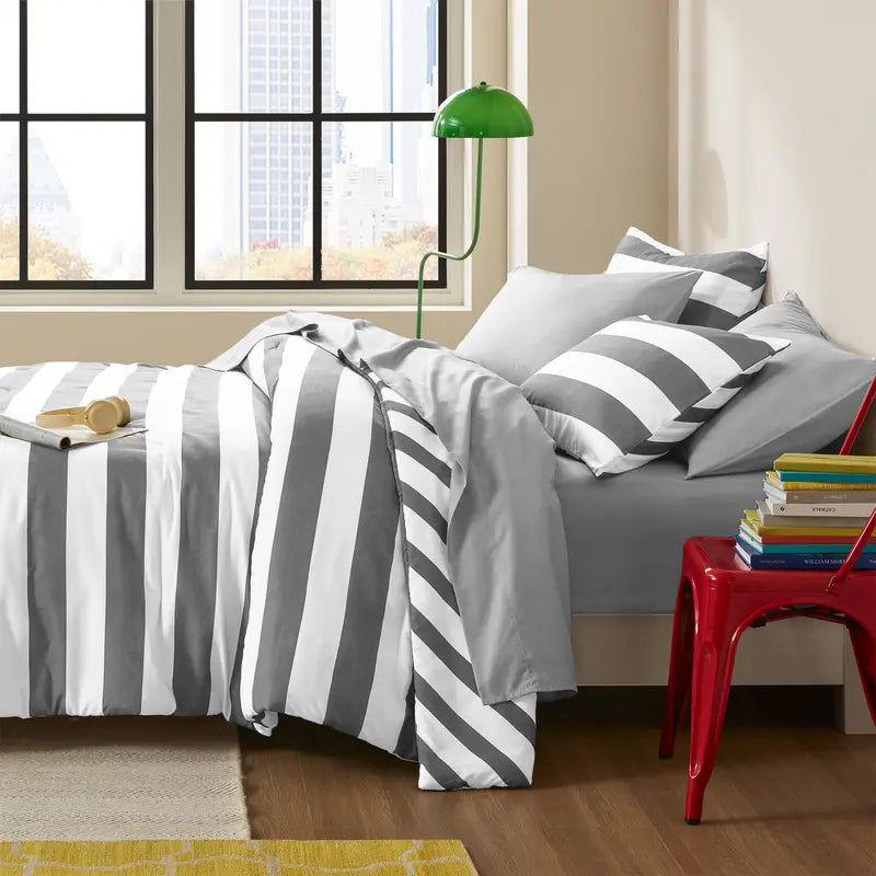 Gray and White Wide Striped Comforter Set