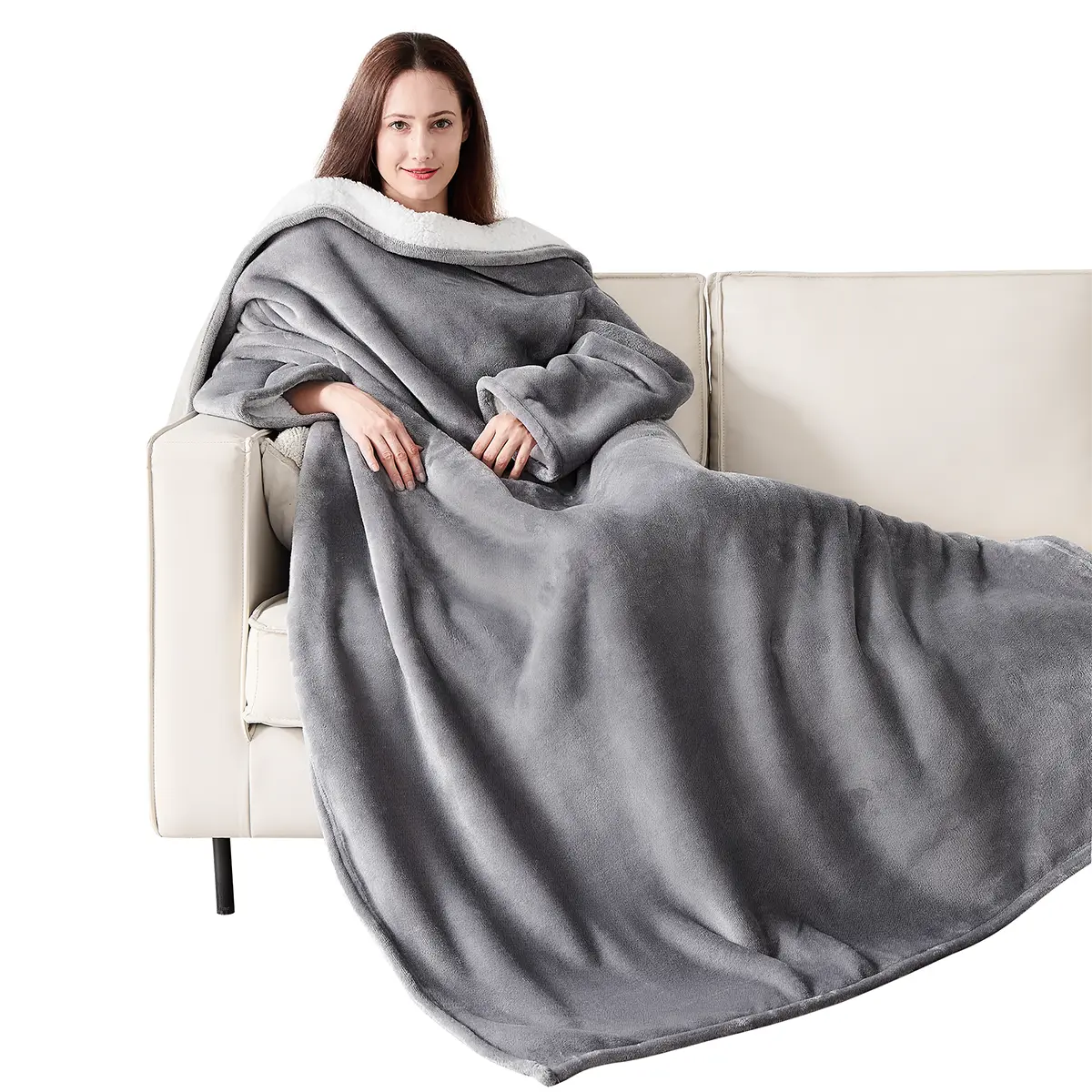Grey Fleece Wearable Blanket with Sleeves