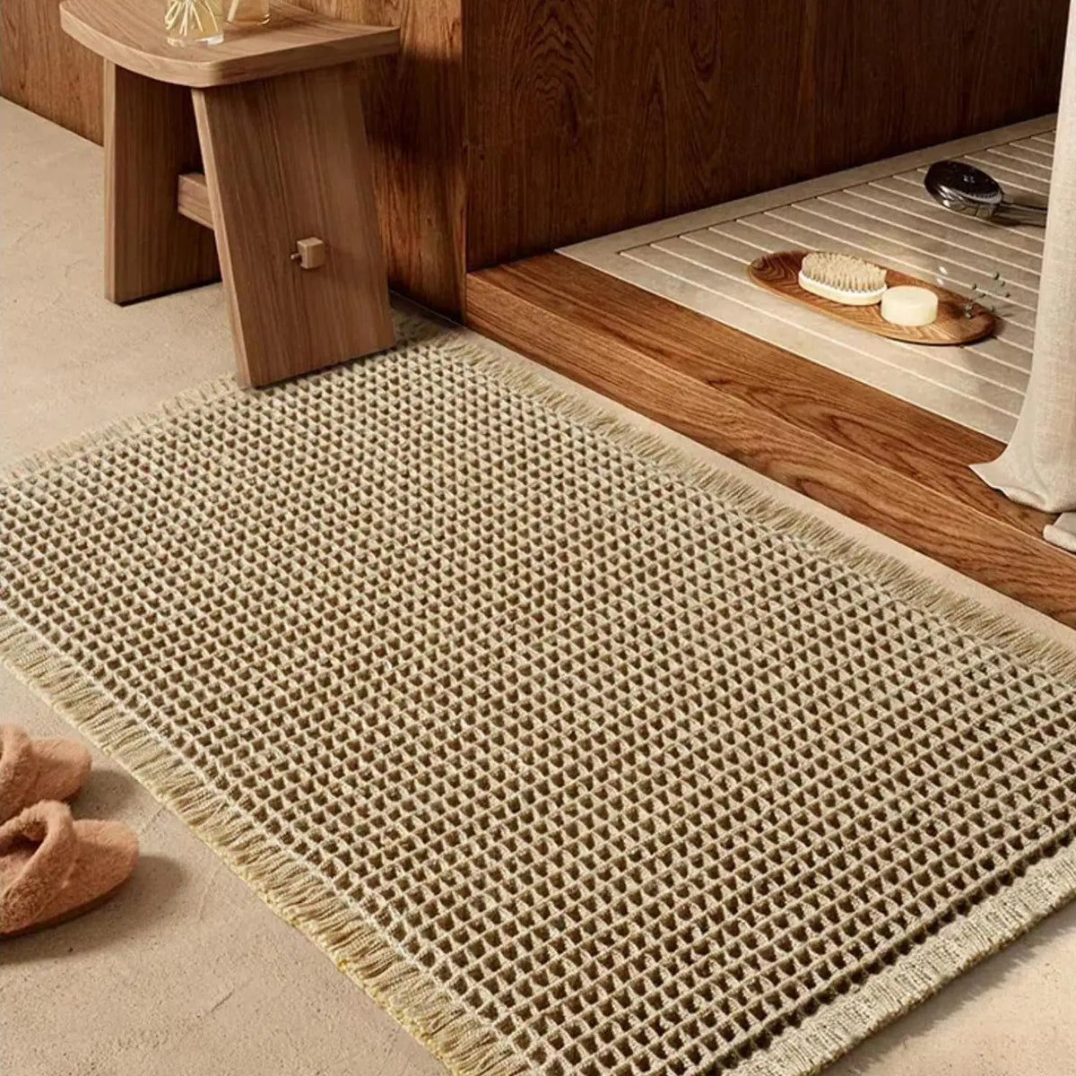 Tan Waffle-Weave Bath Mats with Fringed Edges