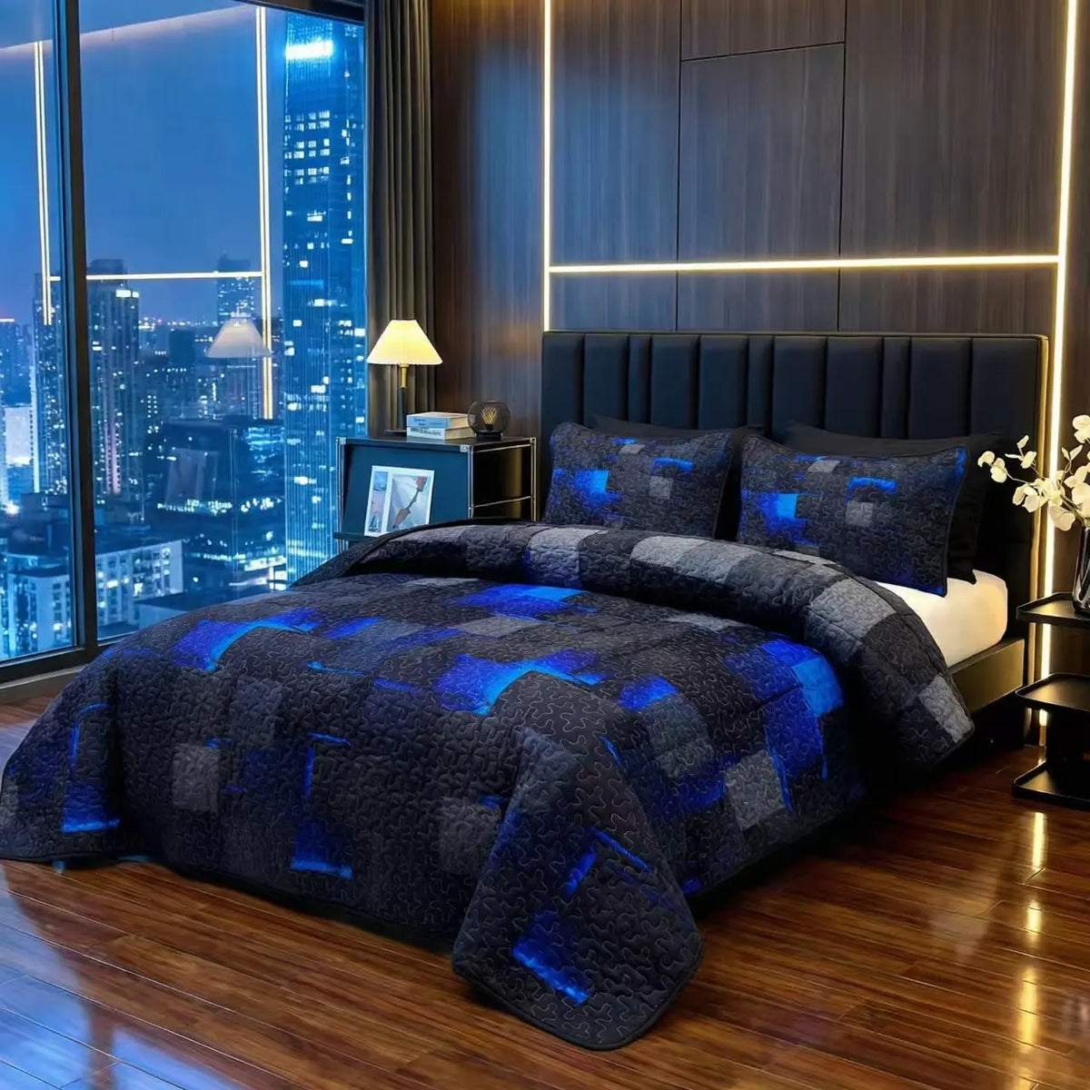 Blue and Black Grid Print Quilted Bedspread Set