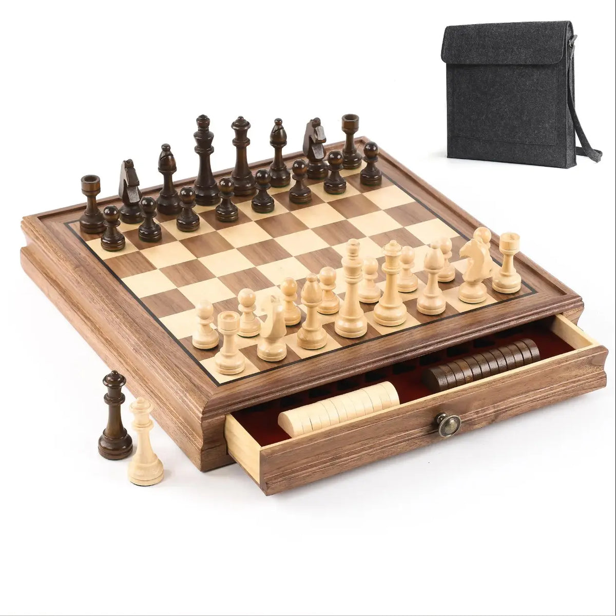 Walnut Wood Chess Set with Storage Drawer