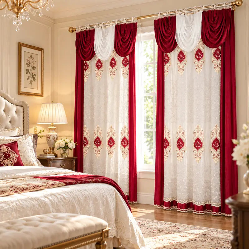 Burgundy and White Sheer Curtains with Valance