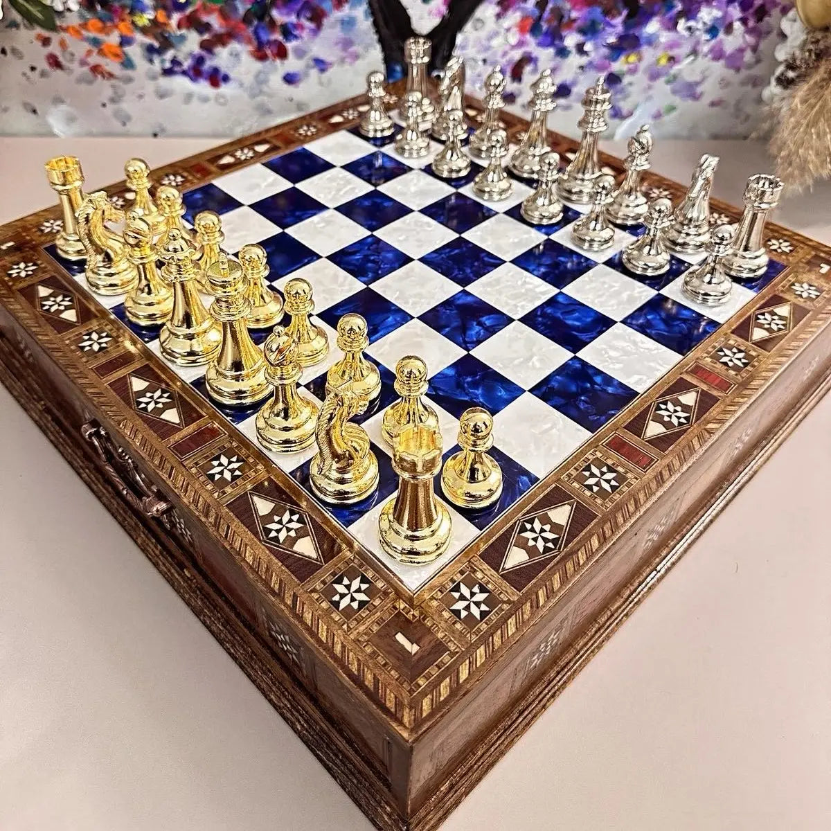 Wooden Chess Set with Inlaid Border and Metal Pieces