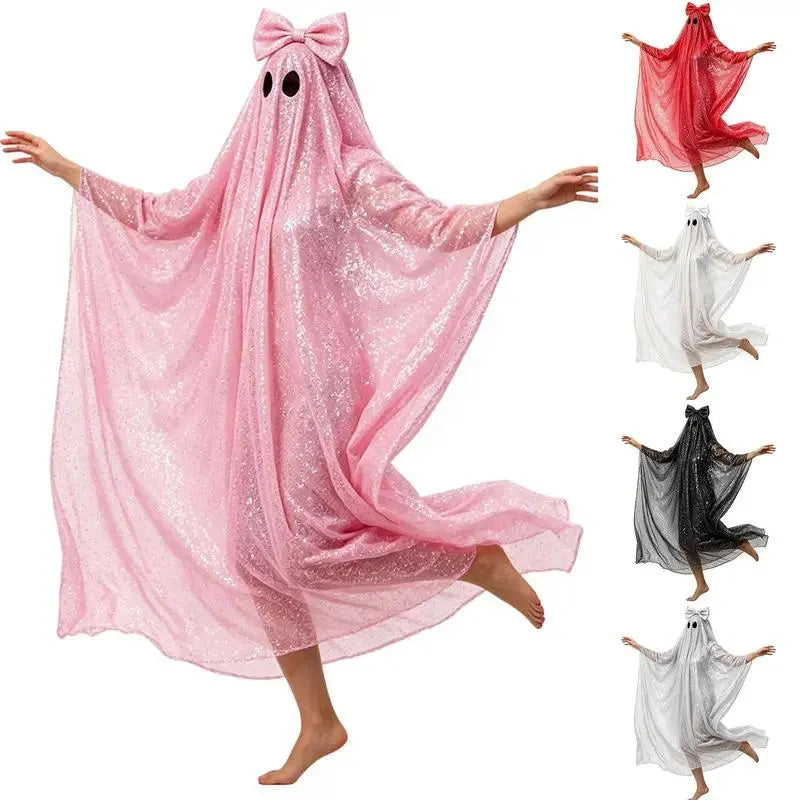 Pink Sequin Hooded Ghost Cape Costume with Bow