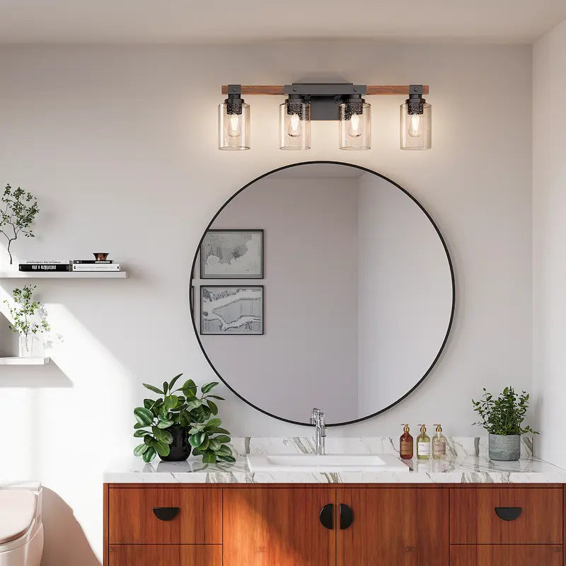 Four-Light Wood and Black Metal Vanity Fixture