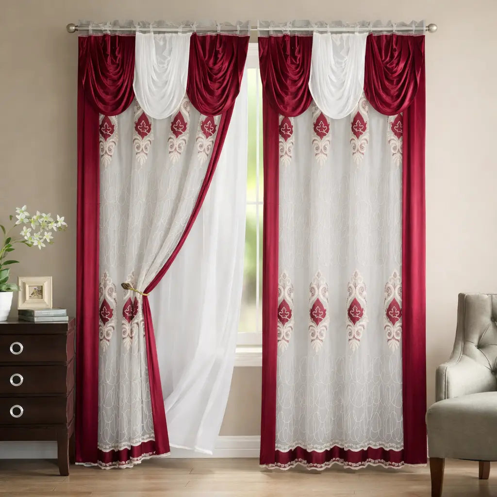Burgundy and White Sheer Curtains with Valance