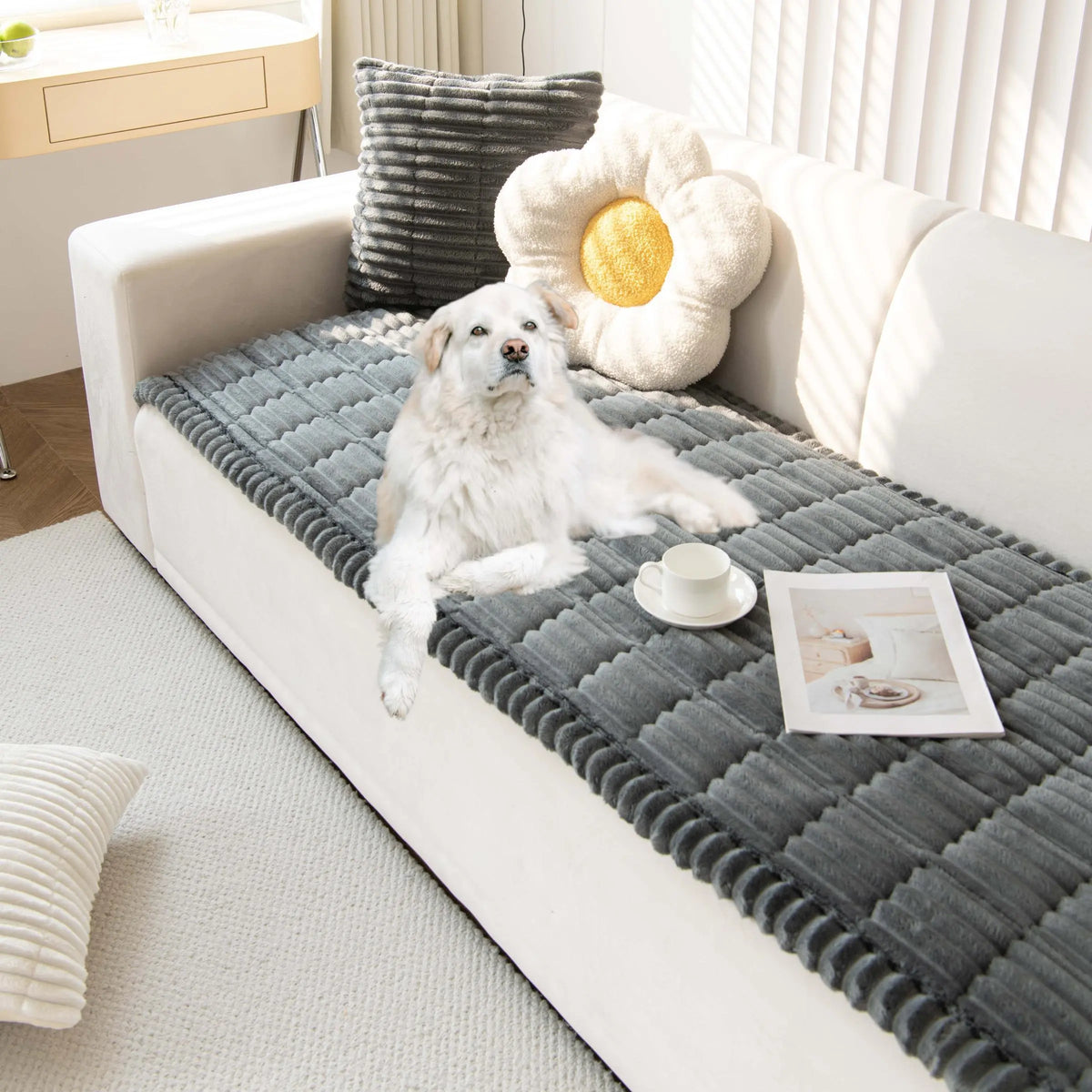 Grey Ribbed Plush Sofa Cover Mat