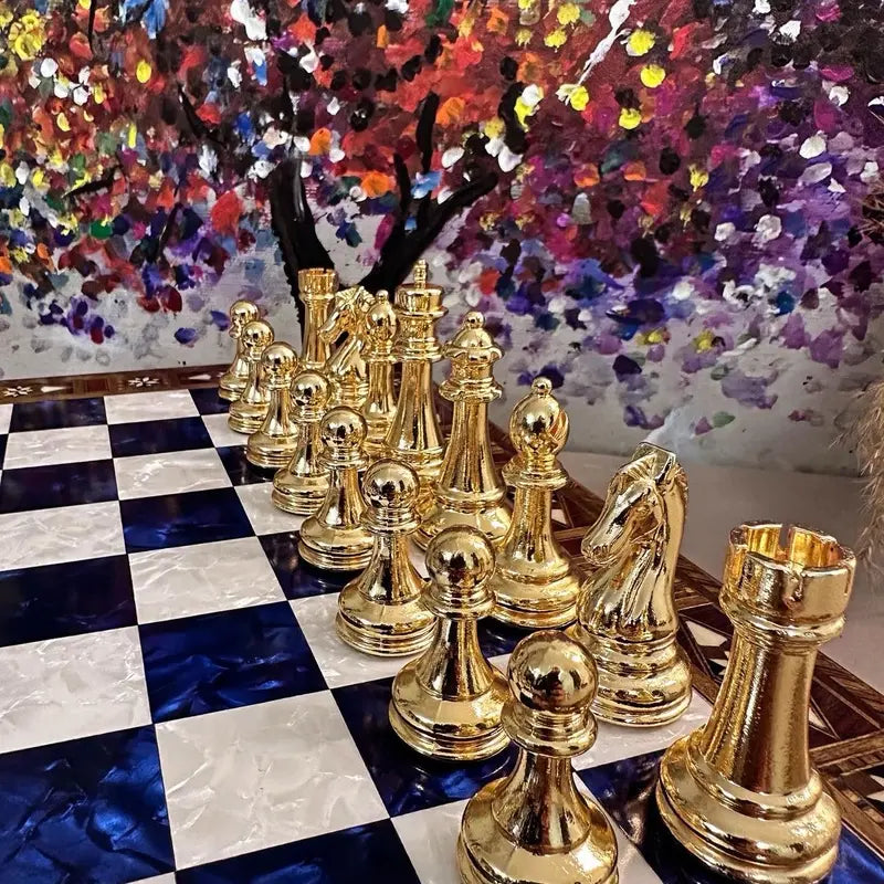 Wooden Chess Set with Inlaid Border and Metal Pieces